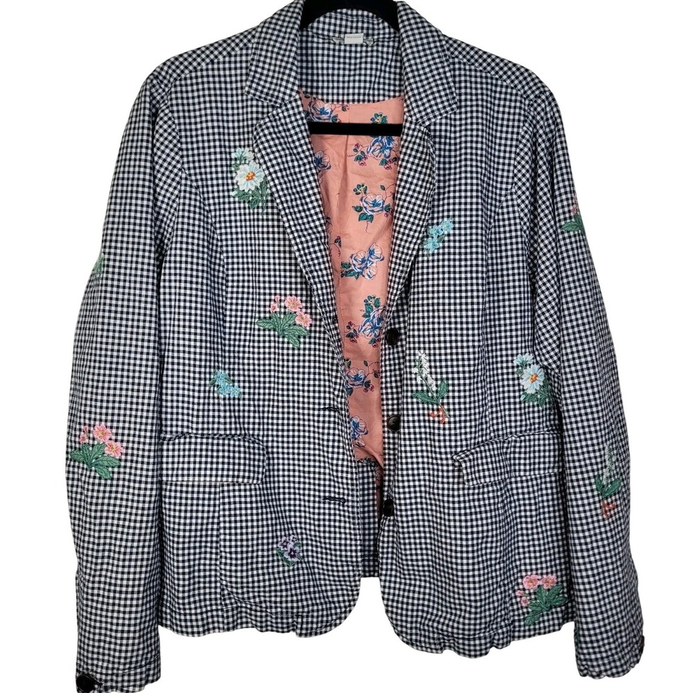 Sundance Tansy Gingham Blazer Jacket Women's Size XL Linen Floral Embroidery
